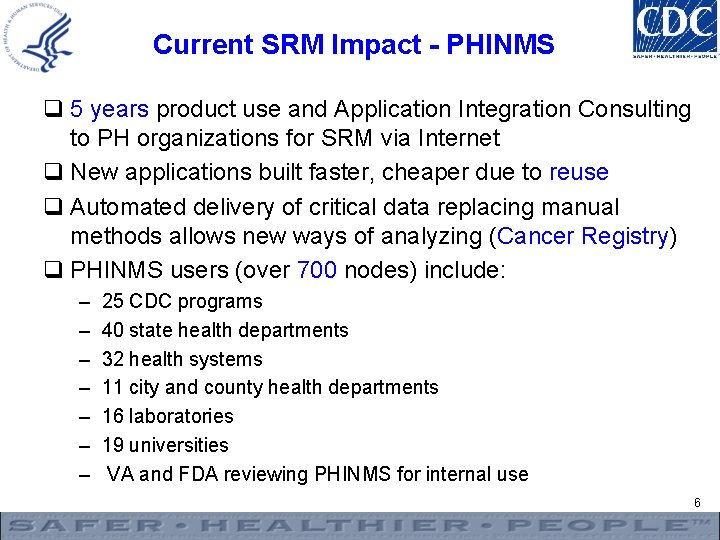 Current SRM Impact - PHINMS q 5 years product use and Application Integration Consulting