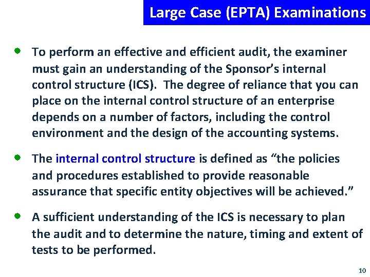 Large Case (EPTA) Examinations • To perform an effective and efficient audit, the examiner