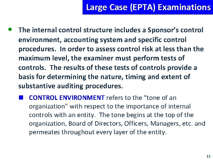 Large Case (EPTA) Examinations • The internal control structure includes a Sponsor’s control environment,