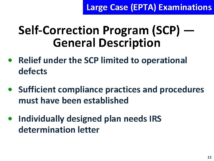 Large Case (EPTA) Examinations Self-Correction Program (SCP) — General Description • Relief under the