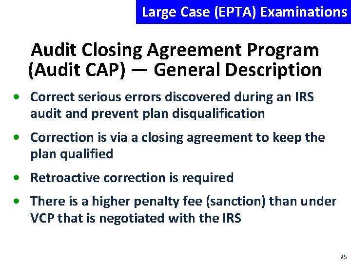 Large Case (EPTA) Examinations Audit Closing Agreement Program (Audit CAP) — General Description •