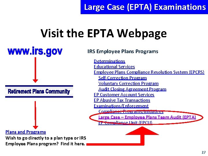 Large Case (EPTA) Examinations Visit the EPTA Webpage IRS Employee Plans Programs Determinations Educational