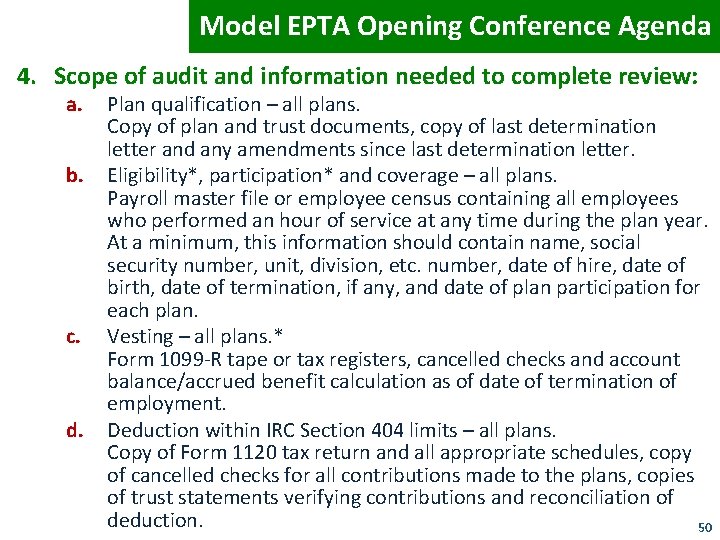 Model EPTA Opening Conference Agenda 4. Scope of audit and information needed to complete