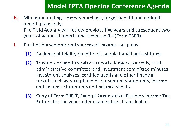 Model EPTA Opening Conference Agenda h. Minimum funding – money purchase, target benefit and