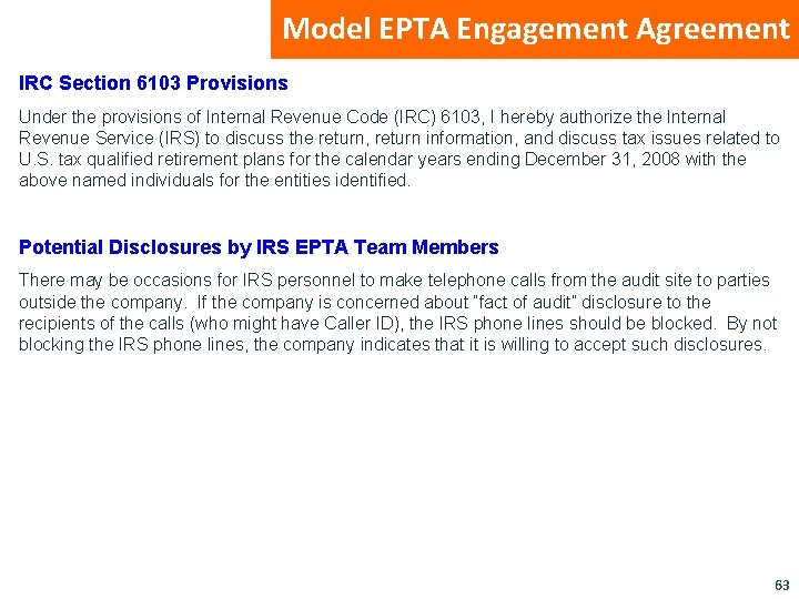 Model EPTA Engagement Agreement IRC Section 6103 Provisions Under the provisions of Internal Revenue