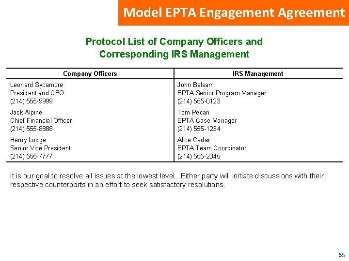 Model EPTA Engagement Agreement Protocol List of Company Officers and Corresponding IRS Management Company