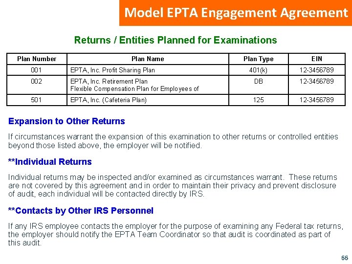 Model EPTA Engagement Agreement Returns / Entities Planned for Examinations Plan Number Plan Name