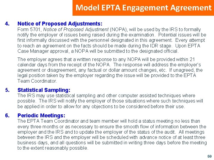 Model EPTA Engagement Agreement 4. Notice of Proposed Adjustments: Form 5701, Notice of Proposed