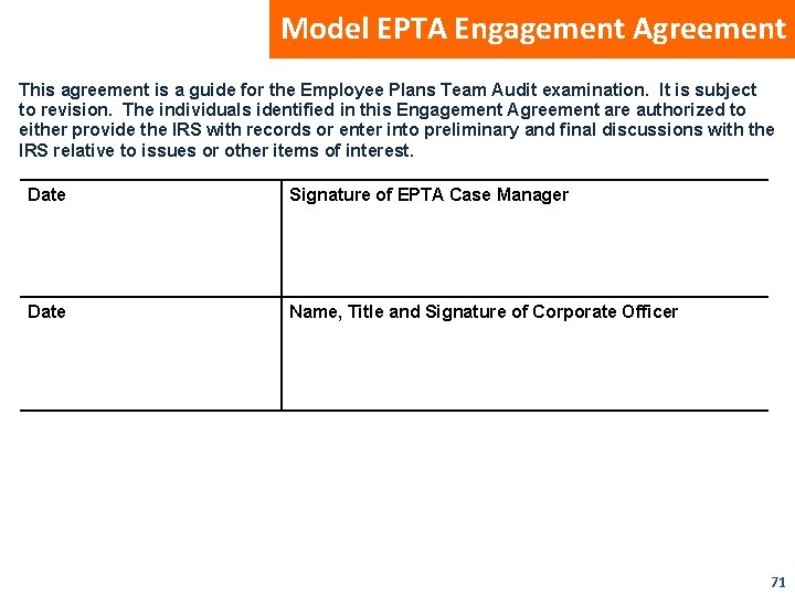 Model EPTA Engagement Agreement This agreement is a guide for the Employee Plans Team
