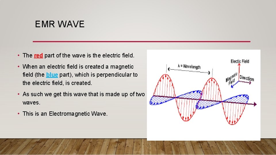 EMR WAVE • The red part of the wave is the electric field. • EMR WAVE • The red part of the wave is the electric field. •