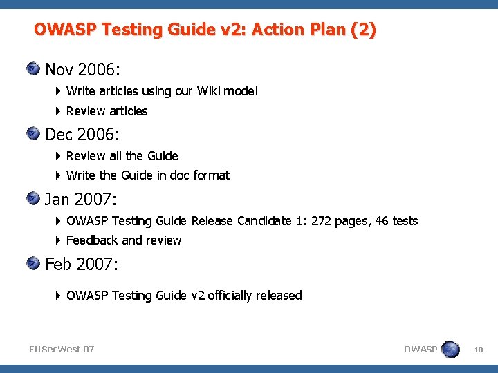 OWASP Testing Guide v 2: Action Plan (2) Nov 2006: Write articles using our