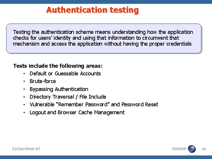 Authentication testing Testing the authentication scheme means understanding how the application checks for users'