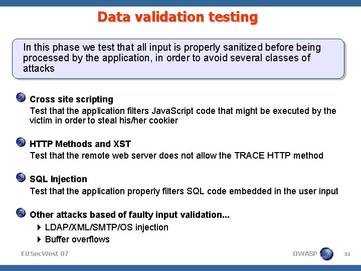 Data validation testing In this phase we test that all input is properly sanitized