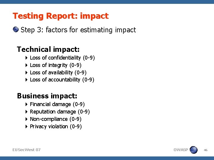 Testing Report: impact Step 3: factors for estimating impact Technical impact: Loss of of