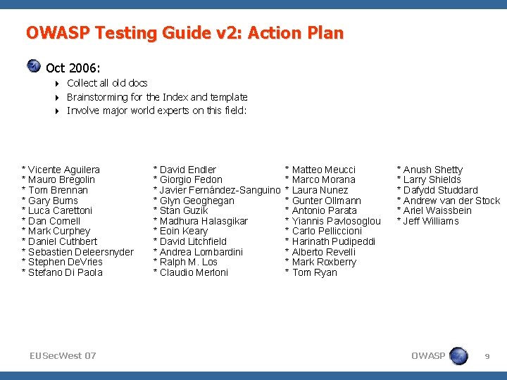 OWASP Testing Guide v 2: Action Plan Oct 2006: Collect all old docs Brainstorming