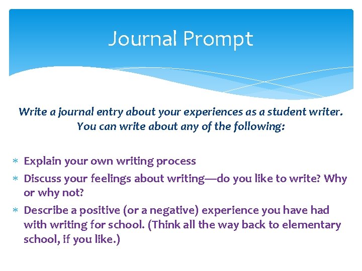 Journal Prompt Write a journal entry about your experiences as a student writer. You