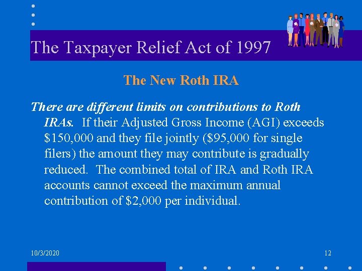 The Taxpayer Relief Act of 1997 The New Roth IRA There are different limits