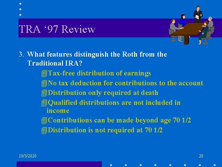 TRA ‘ 97 Review 3. What features distinguish the Roth from the Traditional IRA?