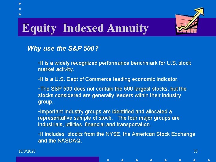 Equity Indexed Annuity Why use the S&P 500? • It is a widely recognized