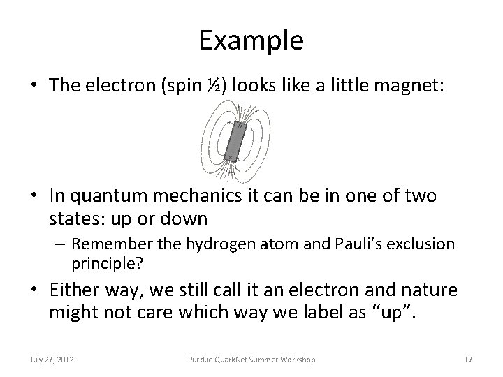 Example • The electron (spin ½) looks like a little magnet: • In quantum