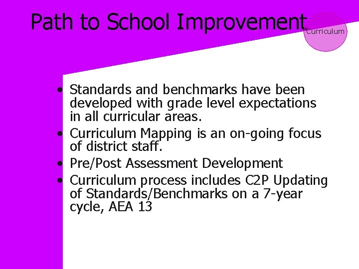 Path to School Improvement Curriculum • Standards and benchmarks have been developed with grade