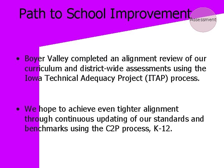 Path to School Improvement Assessment • Boyer Valley completed an alignment review of our