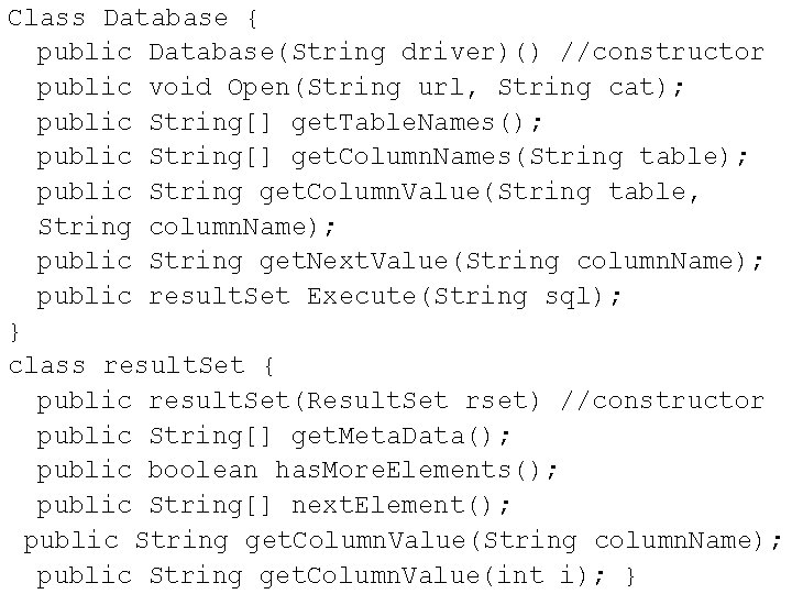 Class Database { public Database(String driver)() //constructor public void Open(String url, String cat); public