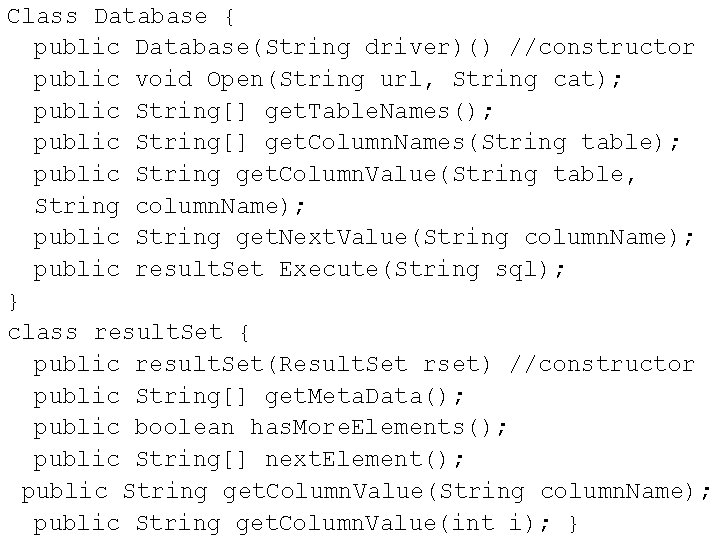 Class Database { public Database(String driver)() //constructor public void Open(String url, String cat); public