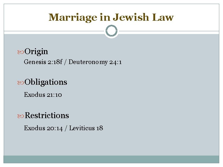 Marriage in Jewish Law Origin Genesis 2: 18 f / Deuteronomy 24: 1 Obligations
