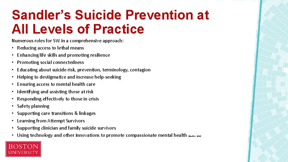 Sandler’s Suicide Prevention at All Levels of Practice Numerous roles for SW in a
