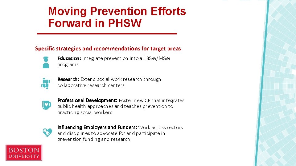 Moving Prevention Efforts Forward in PHSW Specific strategies and recommendations for target areas Education: