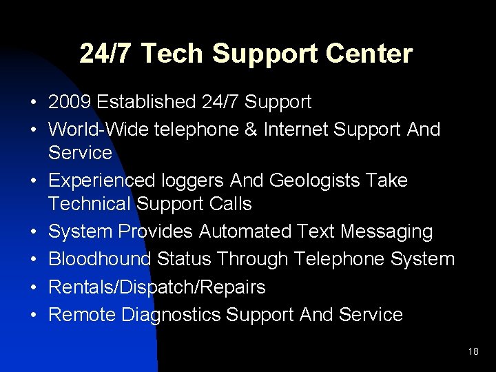 24/7 Tech Support Center • 2009 Established 24/7 Support • World-Wide telephone & Internet