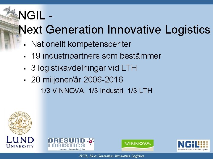 NGIL Next Generation Innovative Logistics § § Nationellt kompetenscenter 19 industripartners som bestämmer 3