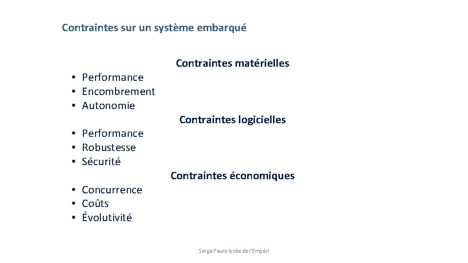 Contraintes sur un système embarqué • Performance • Encombrement • Autonomie • Performance •