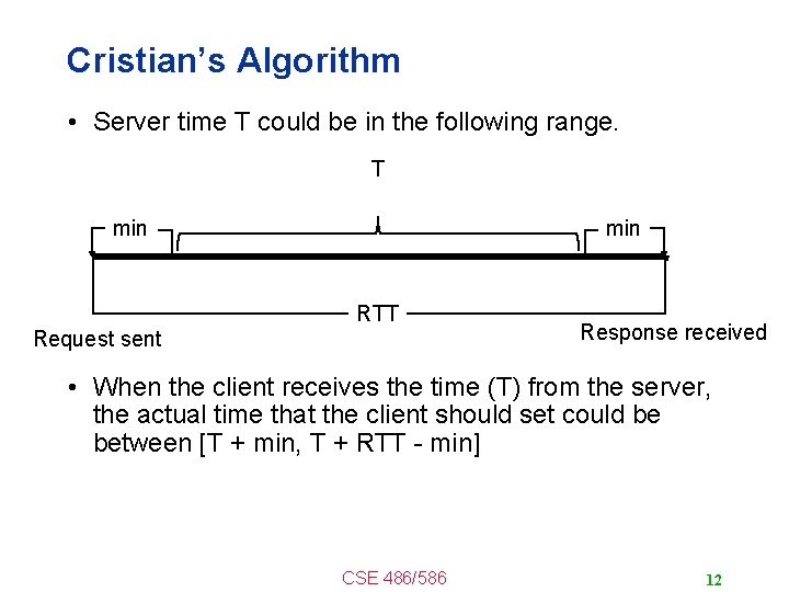 Cristian’s Algorithm • Server time T could be in the following range. T min