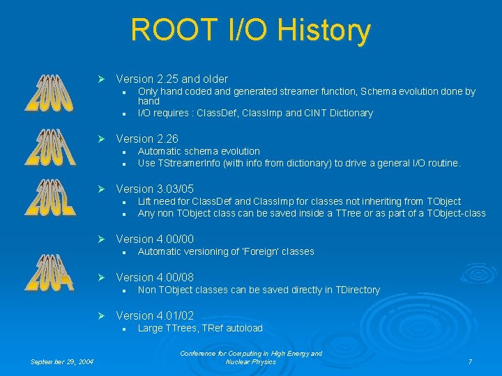 ROOT I/O History Ø Version 2. 25 and older l l Only hand coded