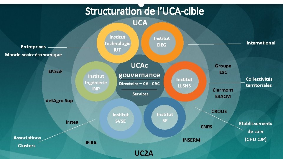 Structuration de l’UCA-cible UCA Institut Technologie IUT Entreprises Monde socio-économique ENSAF Institut Ingénierie INP