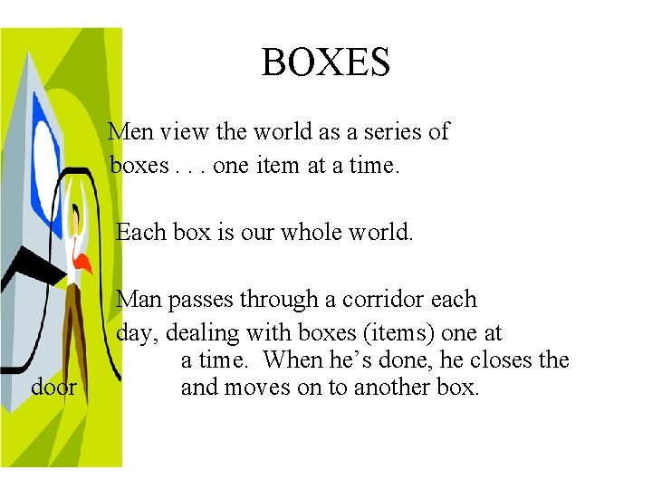 BOXES Men view the world as a series of boxes. . . one item