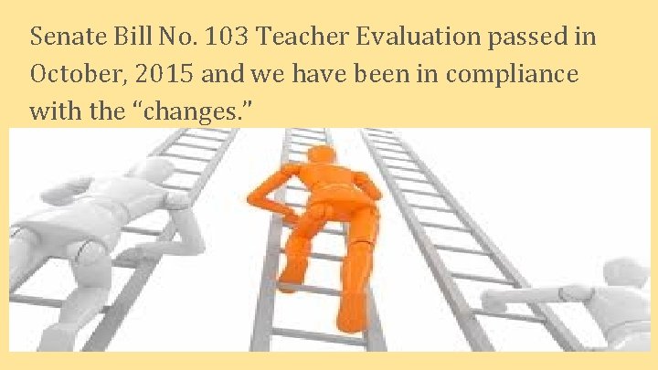 Senate Bill No. 103 Teacher Evaluation passed in October, 2015 and we have been