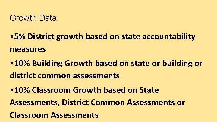 Growth Data • 5% District growth based on state accountability measures • 10% Building