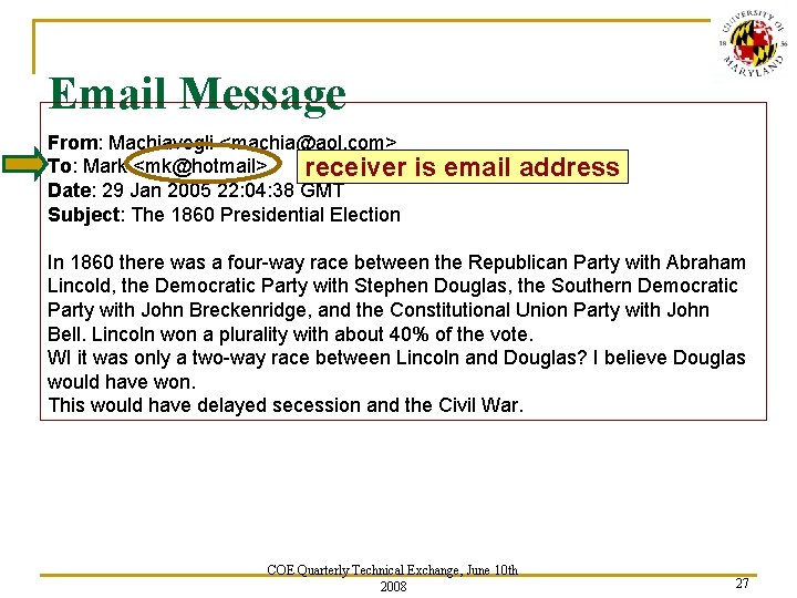 Email Message From: Machiavegli <machia@aol. com> To: Mark <mk@hotmail> receiver Date: 29 Jan 2005