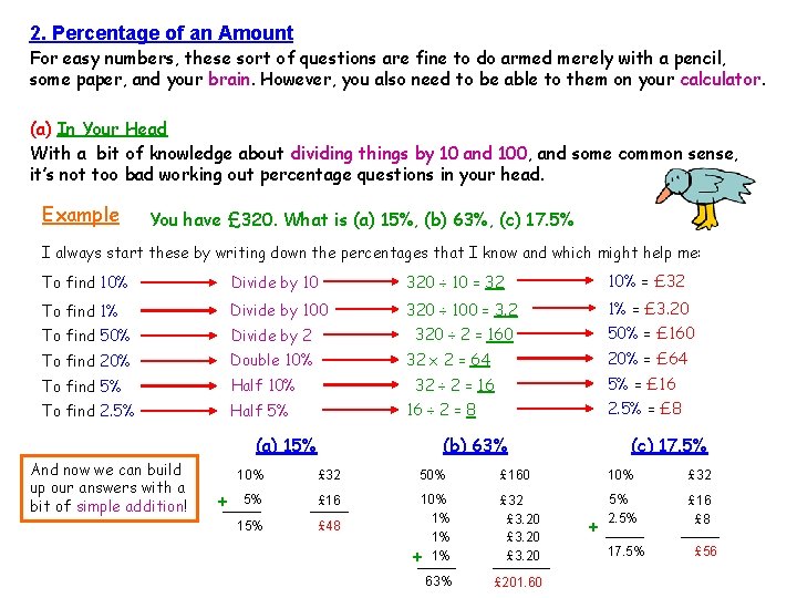 2. Percentage of an Amount For easy numbers, these sort of questions are fine