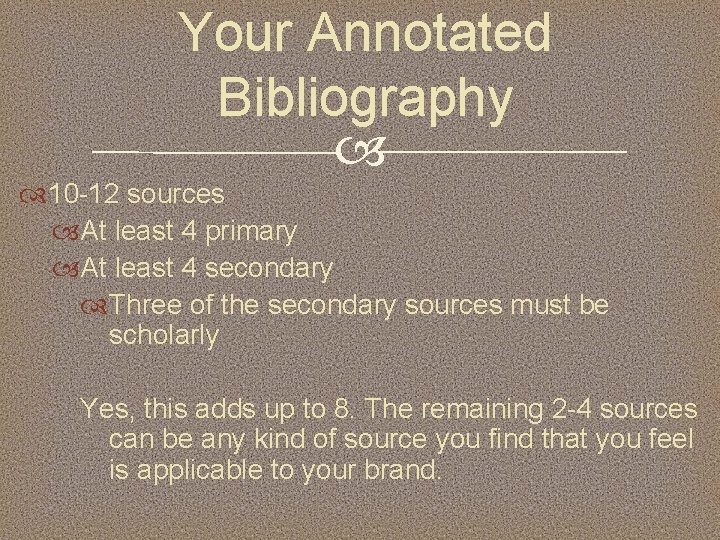 Your Annotated Bibliography 10 -12 sources At least 4 primary At least 4 secondary