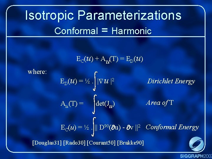 Isotropic Parameterizations Conformal = Harmonic EC(u) + Au(T) = ED(u) = ½. | Au(T)