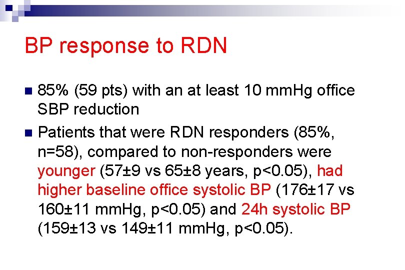 BP response to RDN 85% (59 pts) with an at least 10 mm. Hg