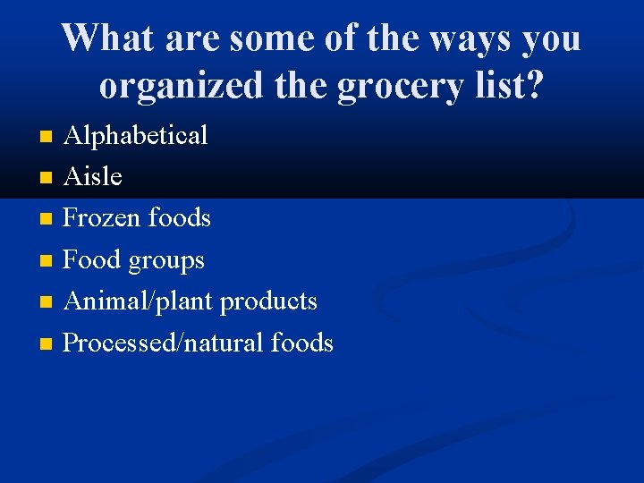 What are some of the ways you organized the grocery list? Alphabetical Aisle Frozen
