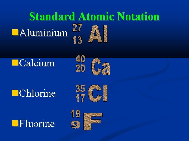 Standard Atomic Notation Aluminium Calcium Chlorine Fluorine 