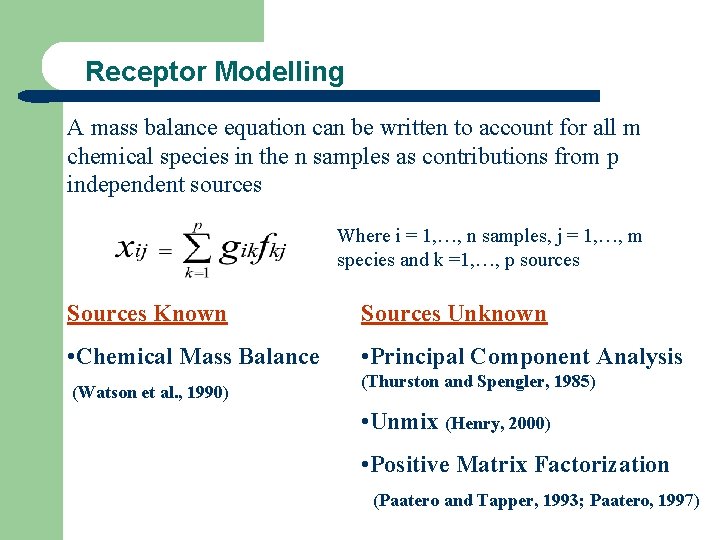 Receptor Modelling A mass balance equation can be written to account for all m