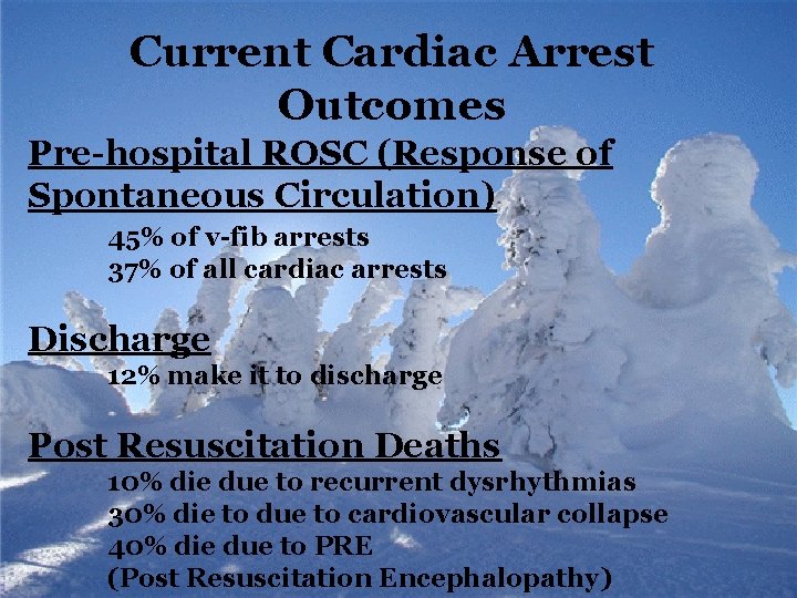 Current Cardiac Arrest Outcomes Pre-hospital ROSC (Response of Spontaneous Circulation) 45% of v-fib arrests